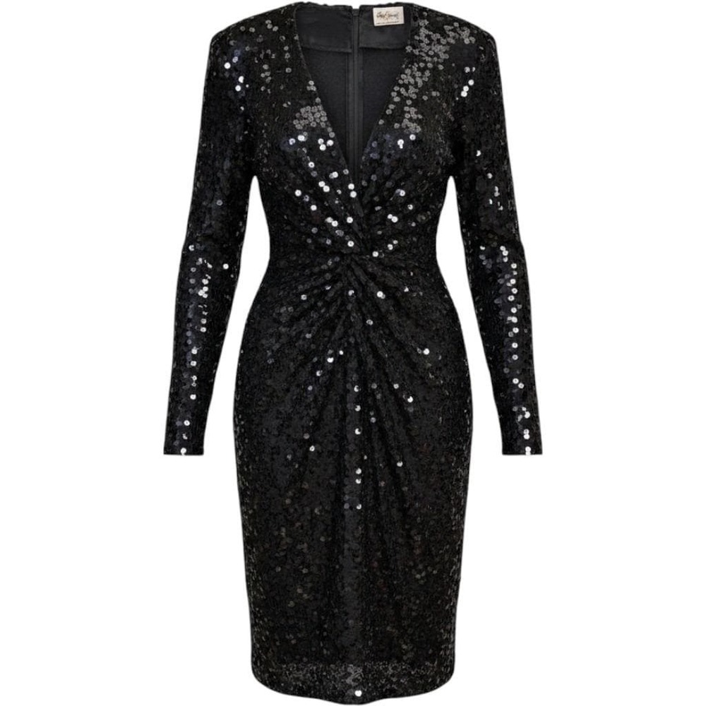 Oleg Cassini Black Shimmer Sequin V-Neck Long Sleeve Cocktail Dress Vintage